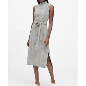 Banana Republic Glen Plaid Mock Neck Sleeveless Midi Dress Belted Black White 10